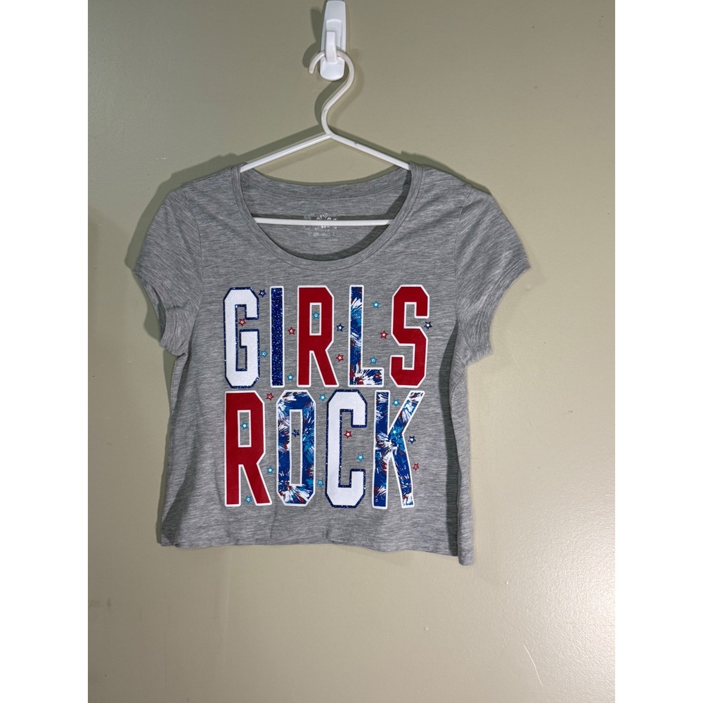 Justice Girls Rock Graphic Crop Top Gray Heather Short Sleeve Size 14